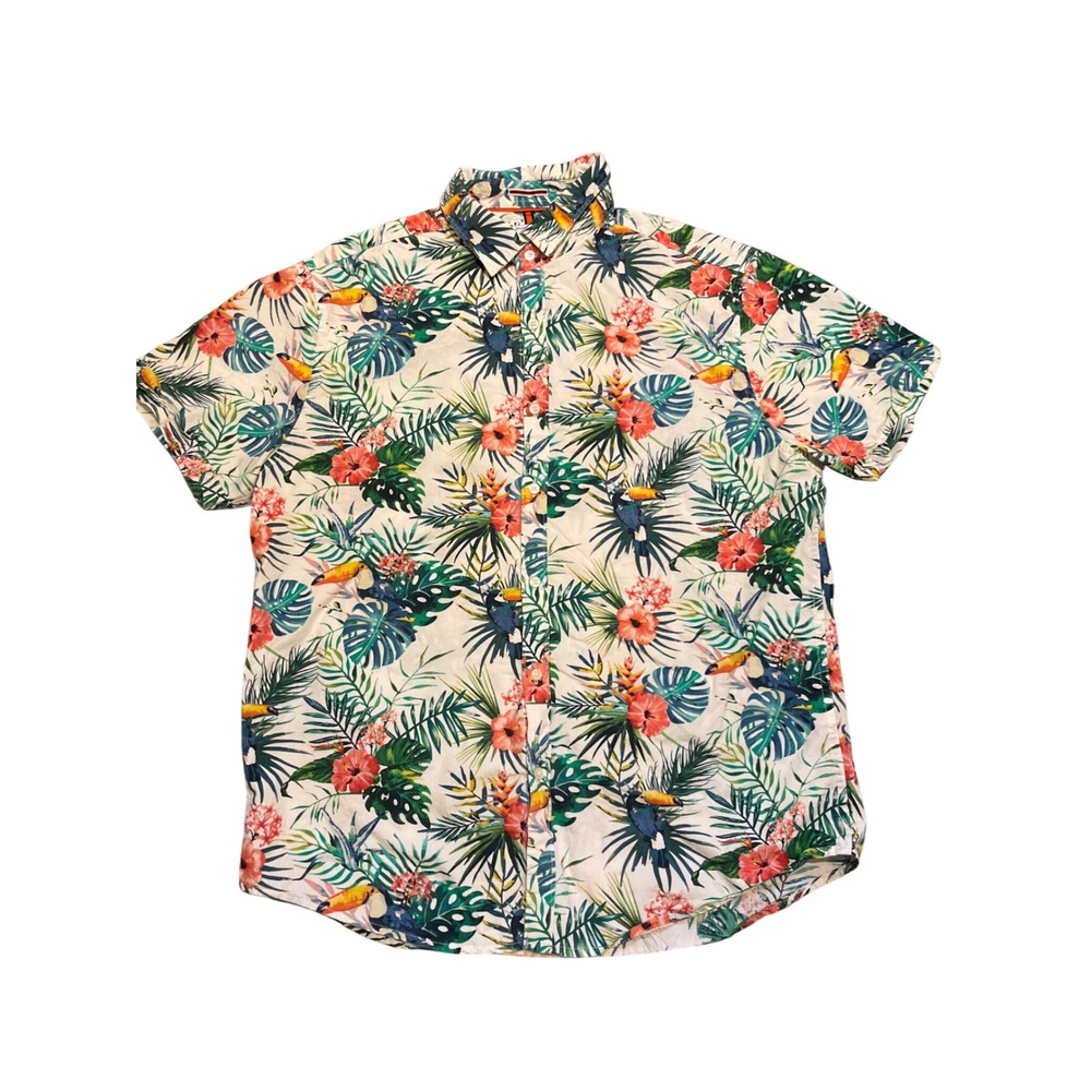 DENIM & FLOWER Shirt L Ricky Singh Tropical Toucan‎ Hibiscus Hawaiian Button Up
